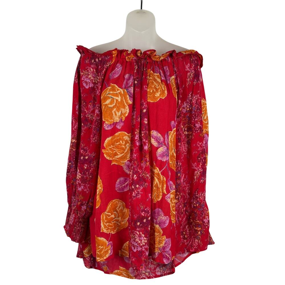 Free People Floral Off Shoulder Viscose Long Sleeve Tunic Top in Red L NWT $128